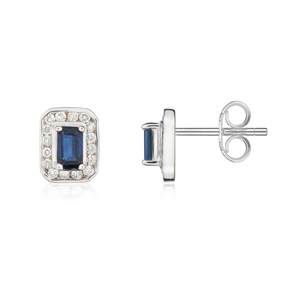 9ct White Gold Octagonal Natural Sapphire & Diamond Claw Set Cluster Stud Earrings — 5x3mm