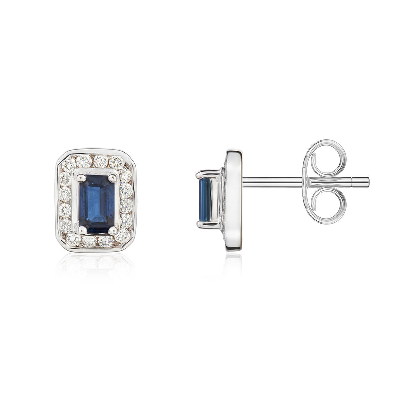 9ct White Gold Octagonal Natural Sapphire & Diamond Claw Set Cluster Stud Earrings — 5x3mm