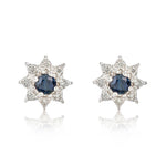 9ct White Gold Round Natural Sapphire & Diamond Claw Set Cluster Stud Earrings — 3mm