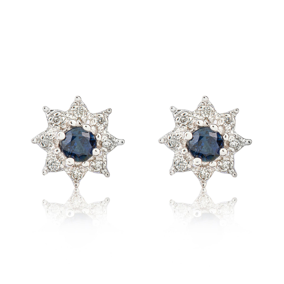 9ct White Gold Round Natural Sapphire & Diamond Claw Set Cluster Stud Earrings — 3mm