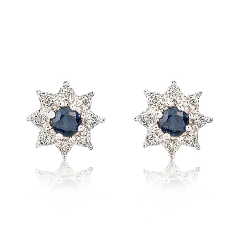 9ct White Gold Round Natural Sapphire & Diamond Claw Set Cluster Stud Earrings — 3mm