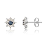 9ct White Gold Round Natural Sapphire & Diamond Claw Set Cluster Stud Earrings — 3mm