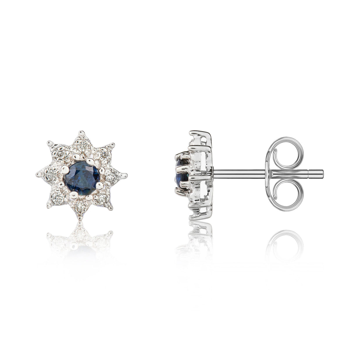 9ct White Gold Round Natural Sapphire & Diamond Claw Set Cluster Stud Earrings — 3mm