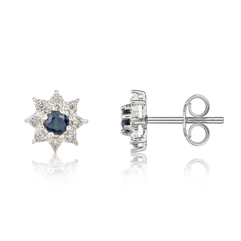 9ct White Gold Round Natural Sapphire & Diamond Claw Set Cluster Stud Earrings — 3mm