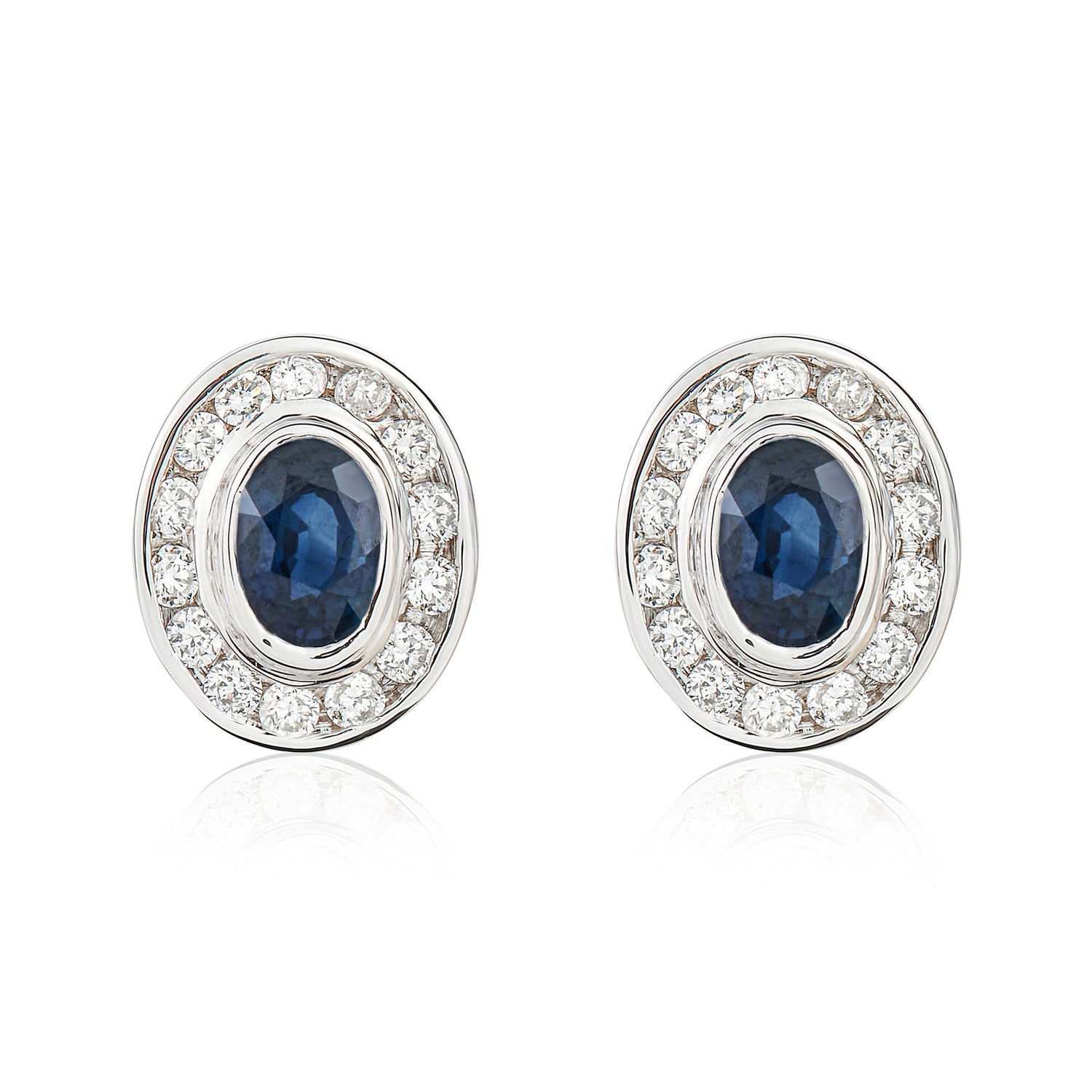 9ct White Gold Oval Natural Sapphire And Diamond Cluster Earrings — 4x3mm