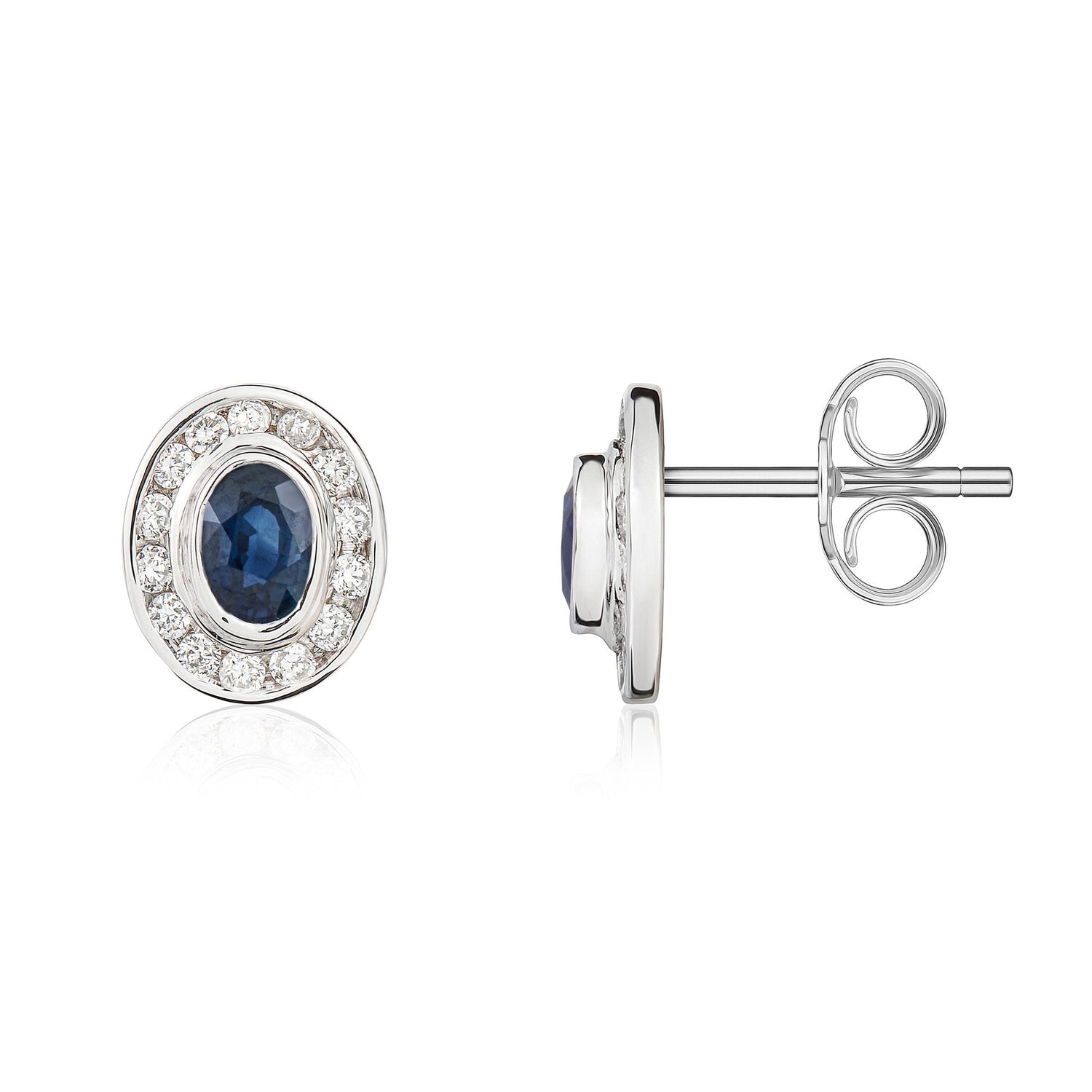 9ct White Gold Oval Natural Sapphire And Diamond Cluster Earrings — 4x3mm