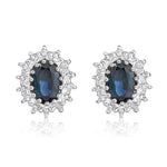 9ct White Gold Oval Natural Sapphire & Diamond Claw Set Cluster Stud Earrings — 6x4mm