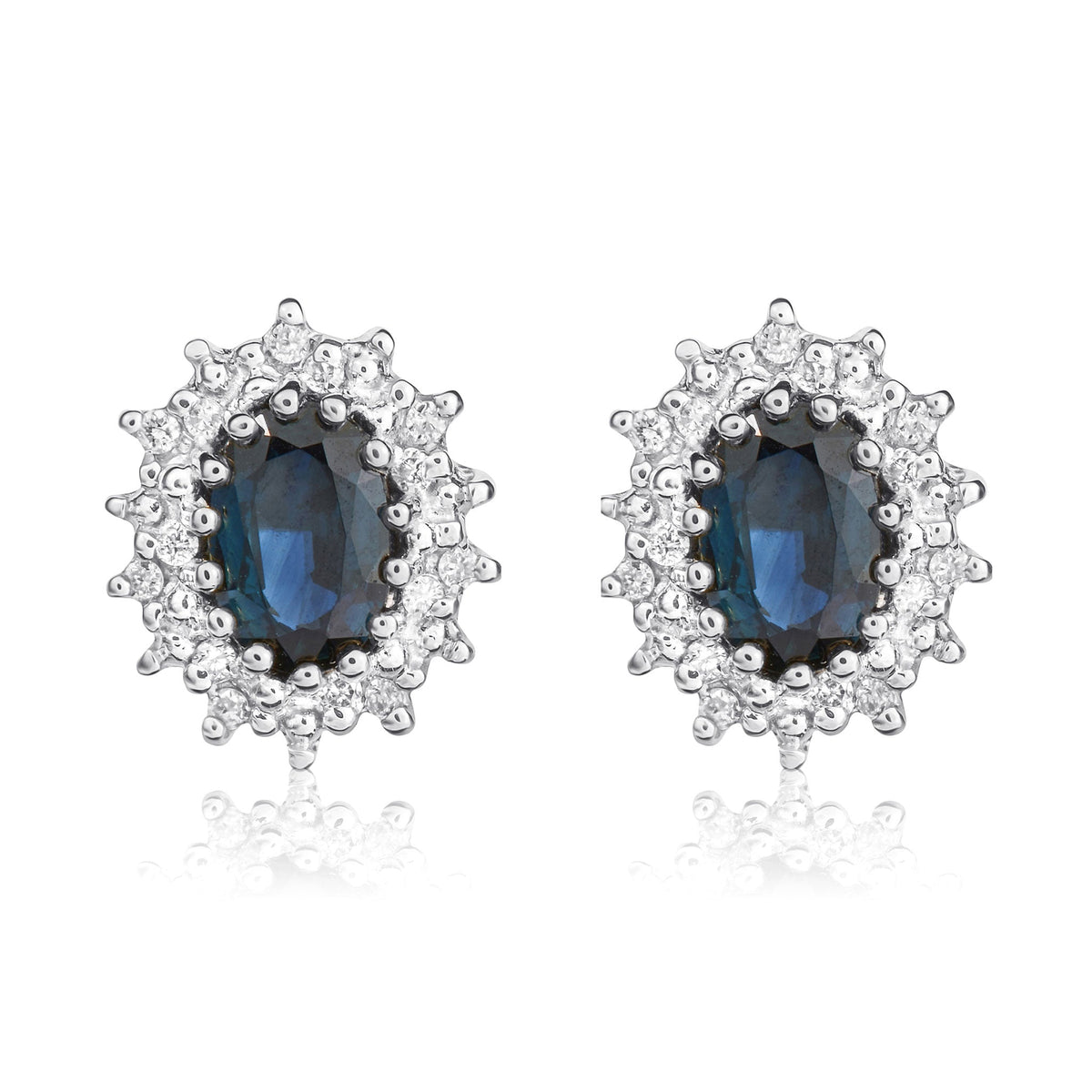 9ct White Gold Oval Natural Sapphire & Diamond Claw Set Cluster Stud Earrings — 6x4mm