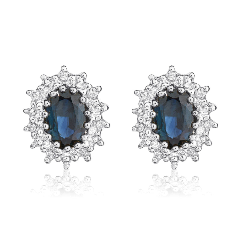 9ct White Gold Oval Natural Sapphire & Diamond Claw Set Cluster Stud Earrings — 6x4mm