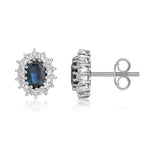 9ct White Gold Oval Natural Sapphire & Diamond Claw Set Cluster Stud Earrings — 6x4mm