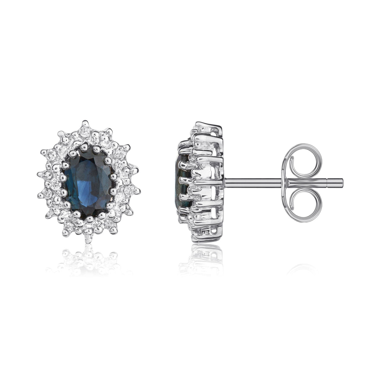 9ct White Gold Oval Natural Sapphire & Diamond Claw Set Cluster Stud Earrings — 6x4mm