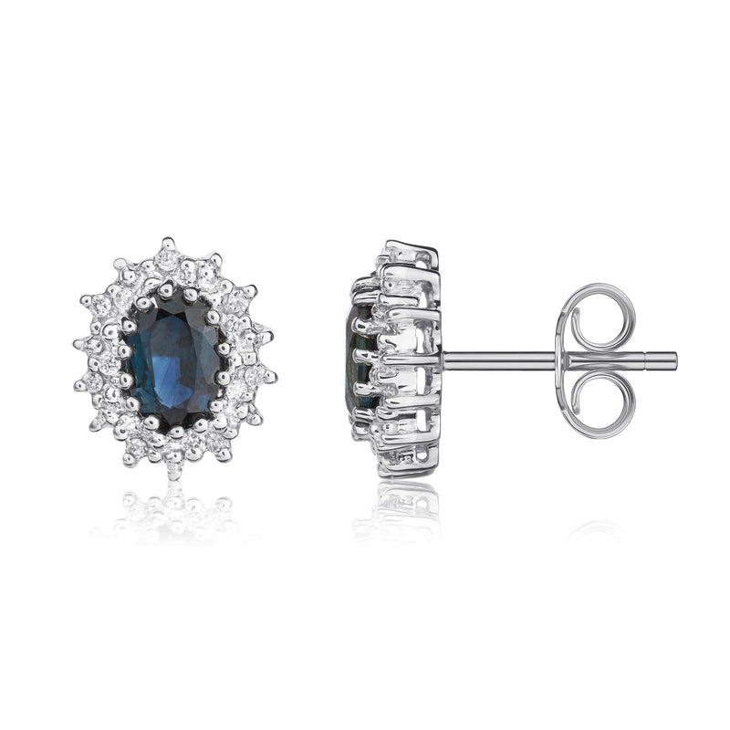 9ct White Gold Oval Natural Sapphire & Diamond Claw Set Cluster Stud Earrings — 6x4mm