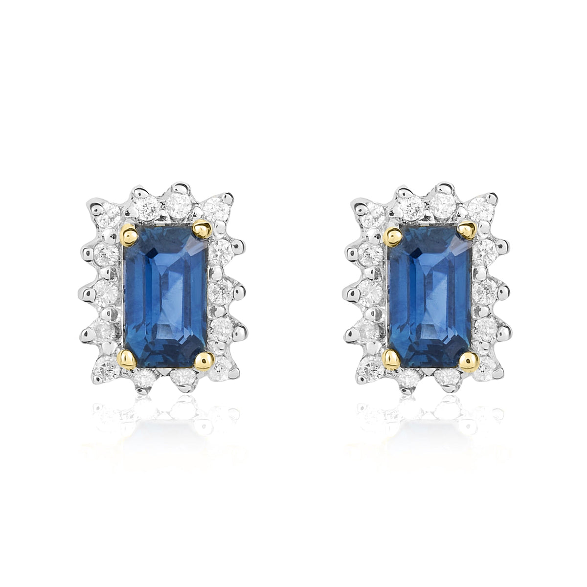 9ct Yellow Gold Octagonal Natural Sapphire & Diamond Cluster Stud Earrings — 5x3mm