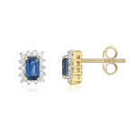 9ct Yellow Gold Octagonal Natural Sapphire & Diamond Cluster Stud Earrings — 5x3mm