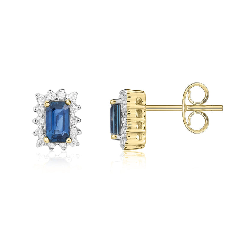9ct Yellow Gold Octagonal Natural Sapphire & Diamond Cluster Stud Earrings — 5x3mm