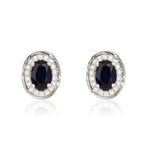 9ct White Gold Oval Natural Sapphire & Diamond Rope Edge Cluster Stud Earrings — 6x4mm