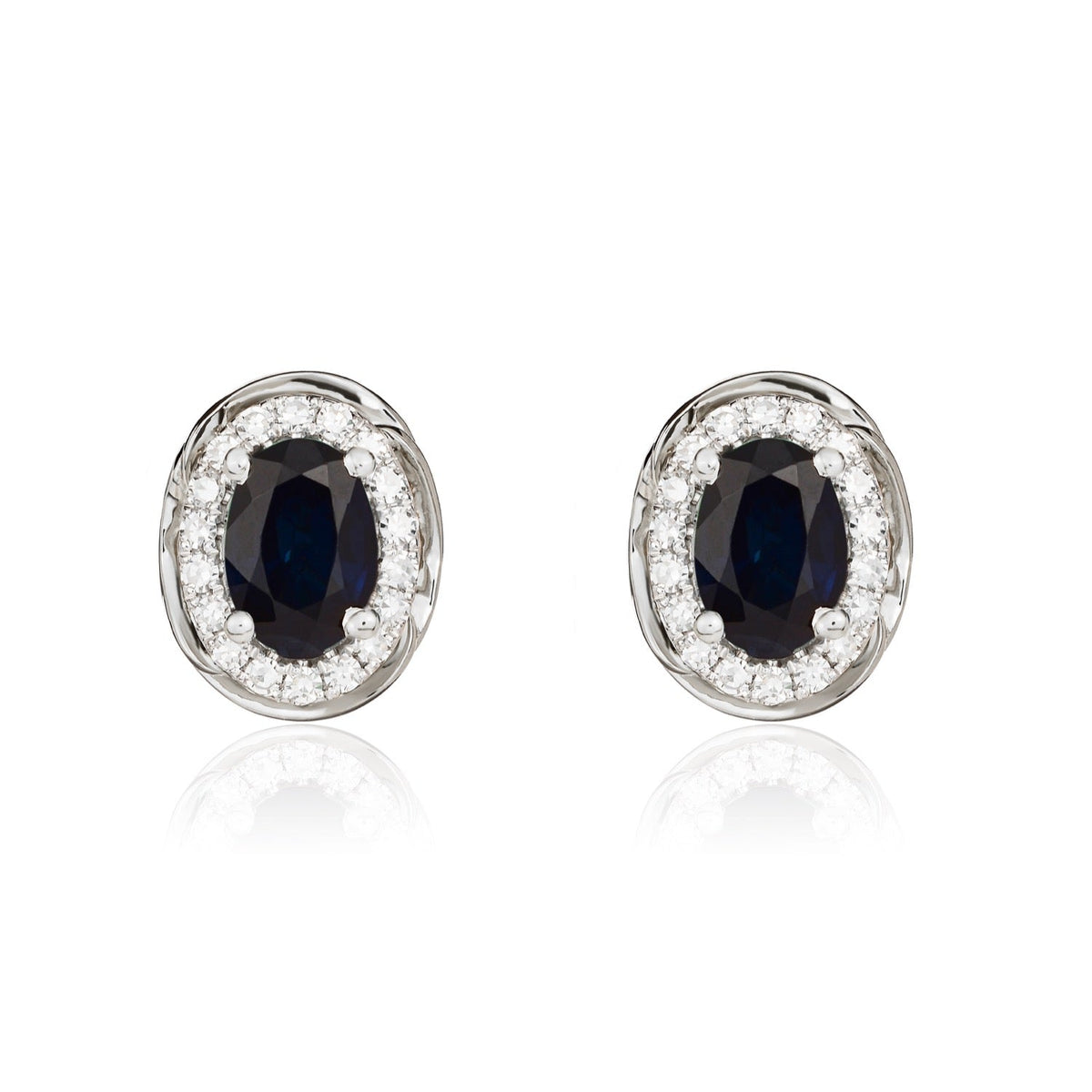 9ct White Gold Oval Natural Sapphire & Diamond Rope Edge Cluster Stud Earrings — 6x4mm
