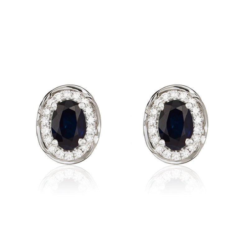 9ct White Gold Oval Natural Sapphire & Diamond Rope Edge Cluster Stud Earrings — 6x4mm