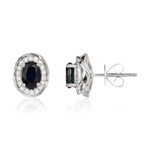 9ct White Gold Oval Natural Sapphire & Diamond Rope Edge Cluster Stud Earrings — 6x4mm