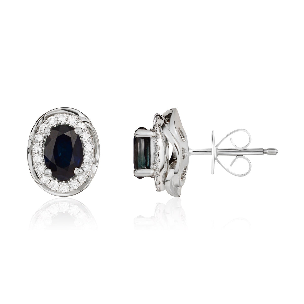 9ct White Gold Oval Natural Sapphire & Diamond Rope Edge Cluster Stud Earrings — 6x4mm