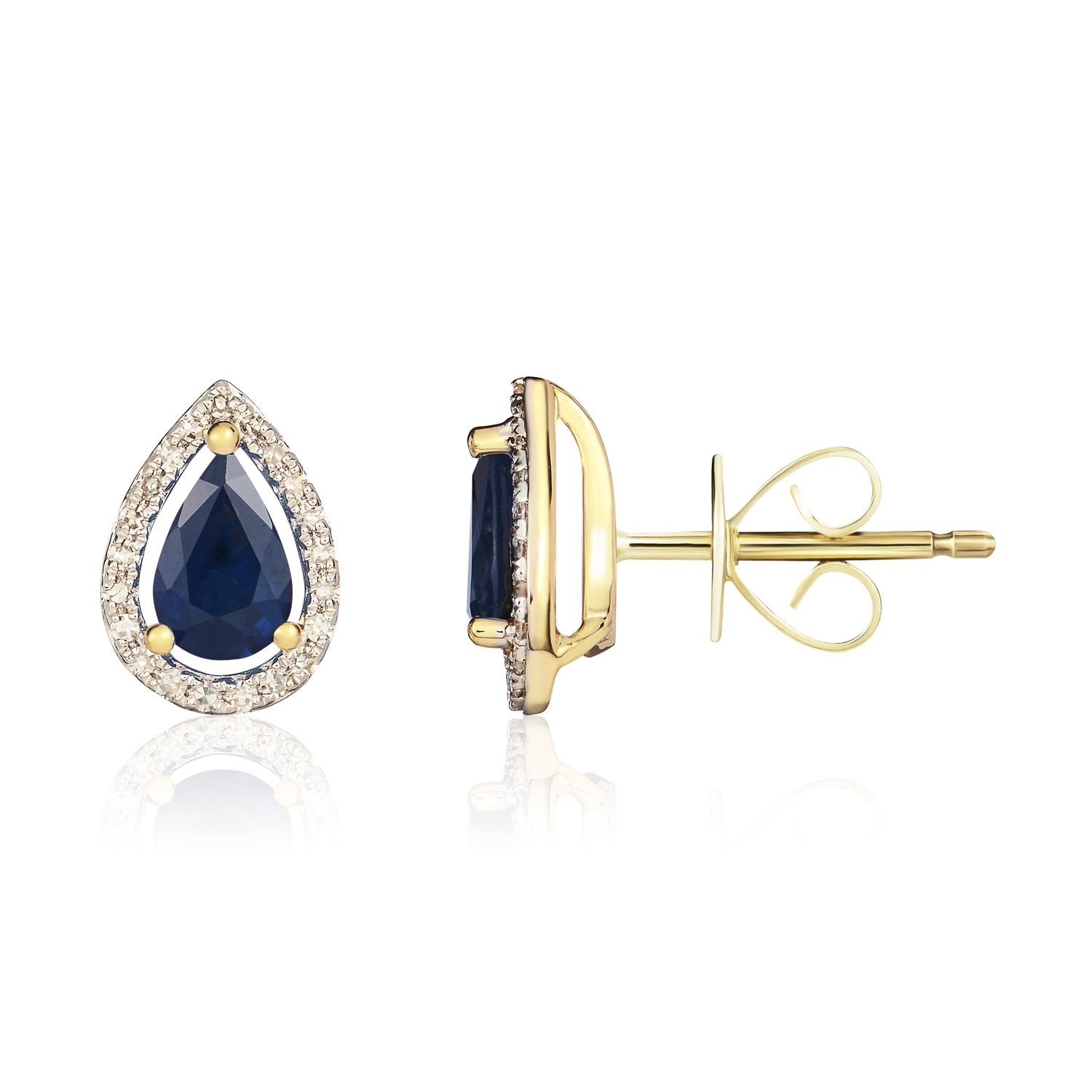 9ct Yellow Gold Pear Shaped Natural Sapphire and Diamond Cluster Earrings — 6x4mm