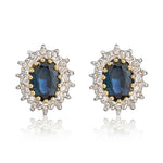 9ct Yellow Gold Oval Natural Sapphire & Diamond Claw Set Cluster Stud Earrings — 6x4mm