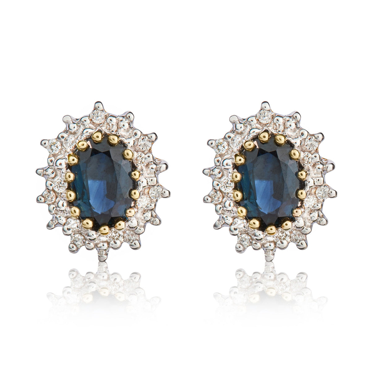 9ct Yellow Gold Oval Natural Sapphire & Diamond Claw Set Cluster Stud Earrings — 6x4mm
