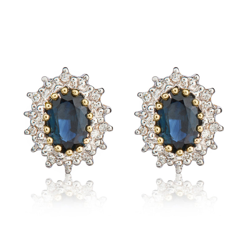 9ct Yellow Gold Oval Natural Sapphire & Diamond Claw Set Cluster Stud Earrings — 6x4mm
