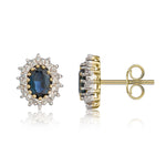 9ct Yellow Gold Oval Natural Sapphire & Diamond Claw Set Cluster Stud Earrings — 6x4mm
