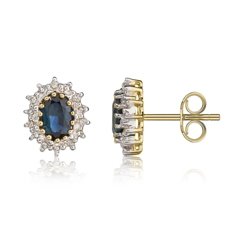 9ct Yellow Gold Oval Natural Sapphire & Diamond Claw Set Cluster Stud Earrings — 6x4mm