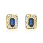 9ct Yellow Gold Octagonal Natural Sapphire & Diamond Claw Set Cluster Stud Earrings — 5x3mm