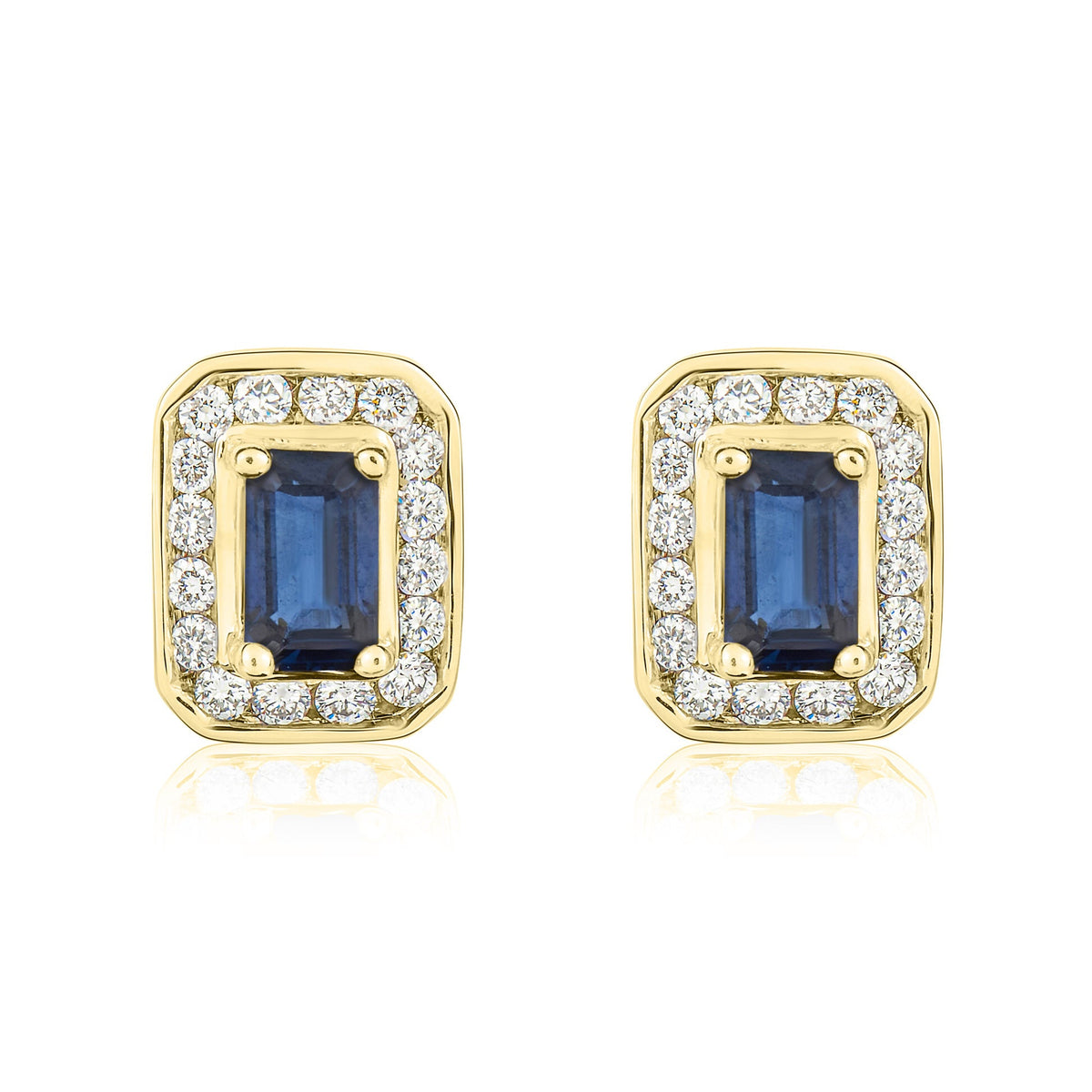 9ct Yellow Gold Octagonal Natural Sapphire & Diamond Claw Set Cluster Stud Earrings — 5x3mm