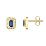 9ct Yellow Gold Octagonal Natural Sapphire & Diamond Claw Set Cluster Stud Earrings — 5x3mm