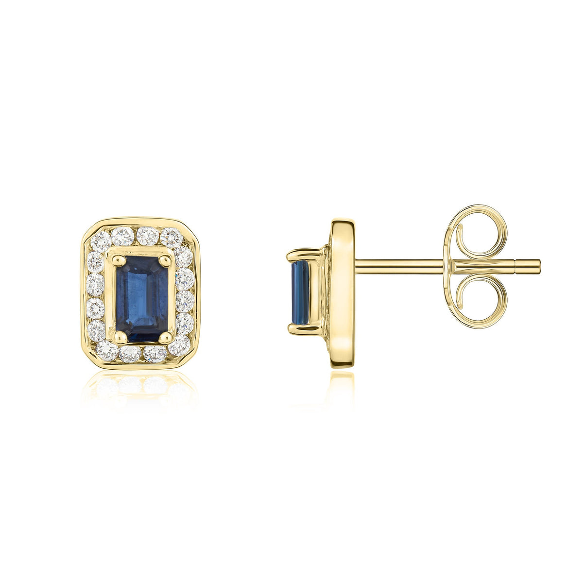 9ct Yellow Gold Octagonal Natural Sapphire & Diamond Claw Set Cluster Stud Earrings — 5x3mm