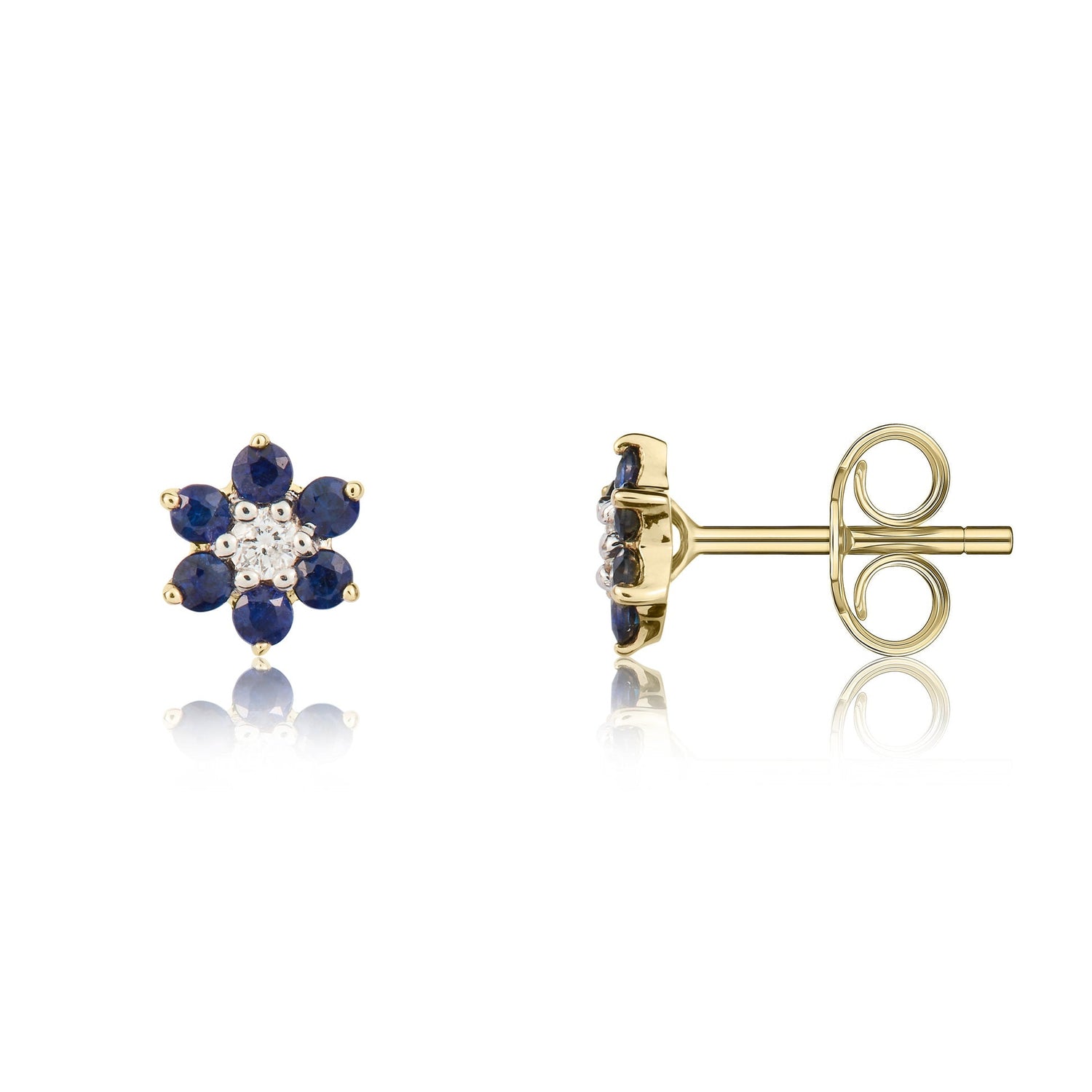 9ct Yellow Gold Natural Sapphire and Diamond Reverse Cluster Earrings
