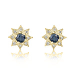9ct Yellow Gold Round Natural Sapphire & Diamond Claw Set Cluster Stud Earrings — 3mm