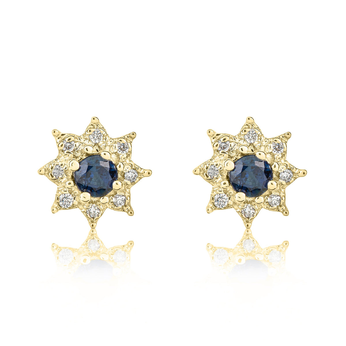 9ct Yellow Gold Round Natural Sapphire & Diamond Claw Set Cluster Stud Earrings — 3mm
