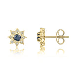 9ct Yellow Gold Round Natural Sapphire & Diamond Claw Set Cluster Stud Earrings — 3mm