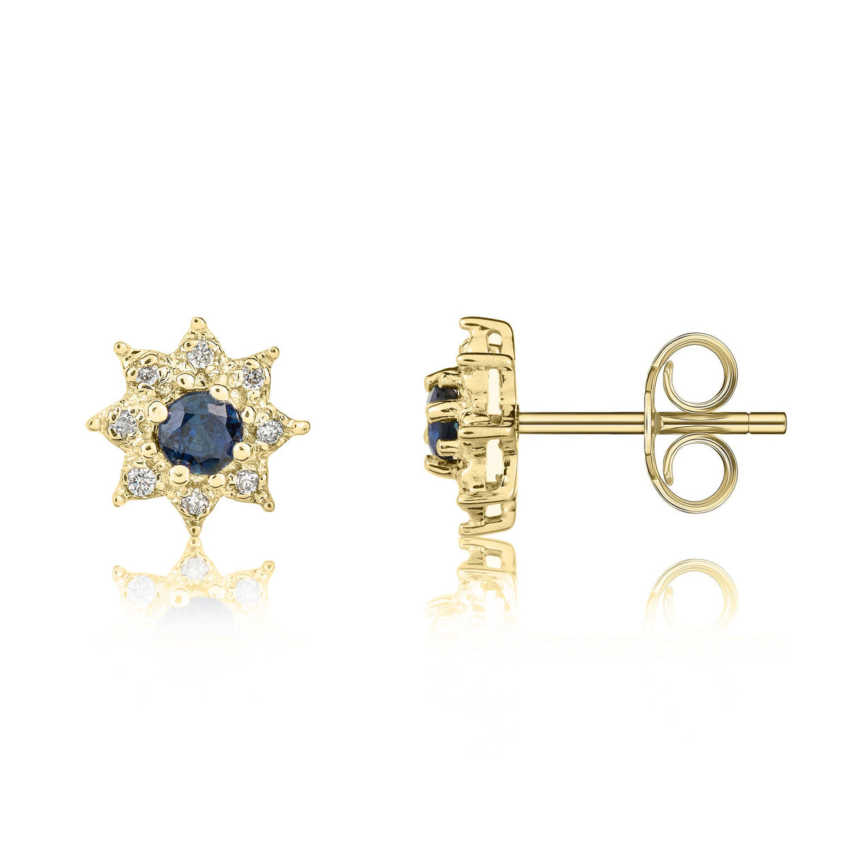 9ct Yellow Gold Round Natural Sapphire & Diamond Claw Set Cluster Stud Earrings — 3mm