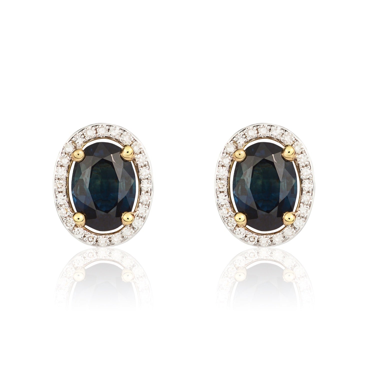 9ct Yellow Gold Oval Natural Sapphire and Diamond Halo Cluster Earrings — 7x5mm