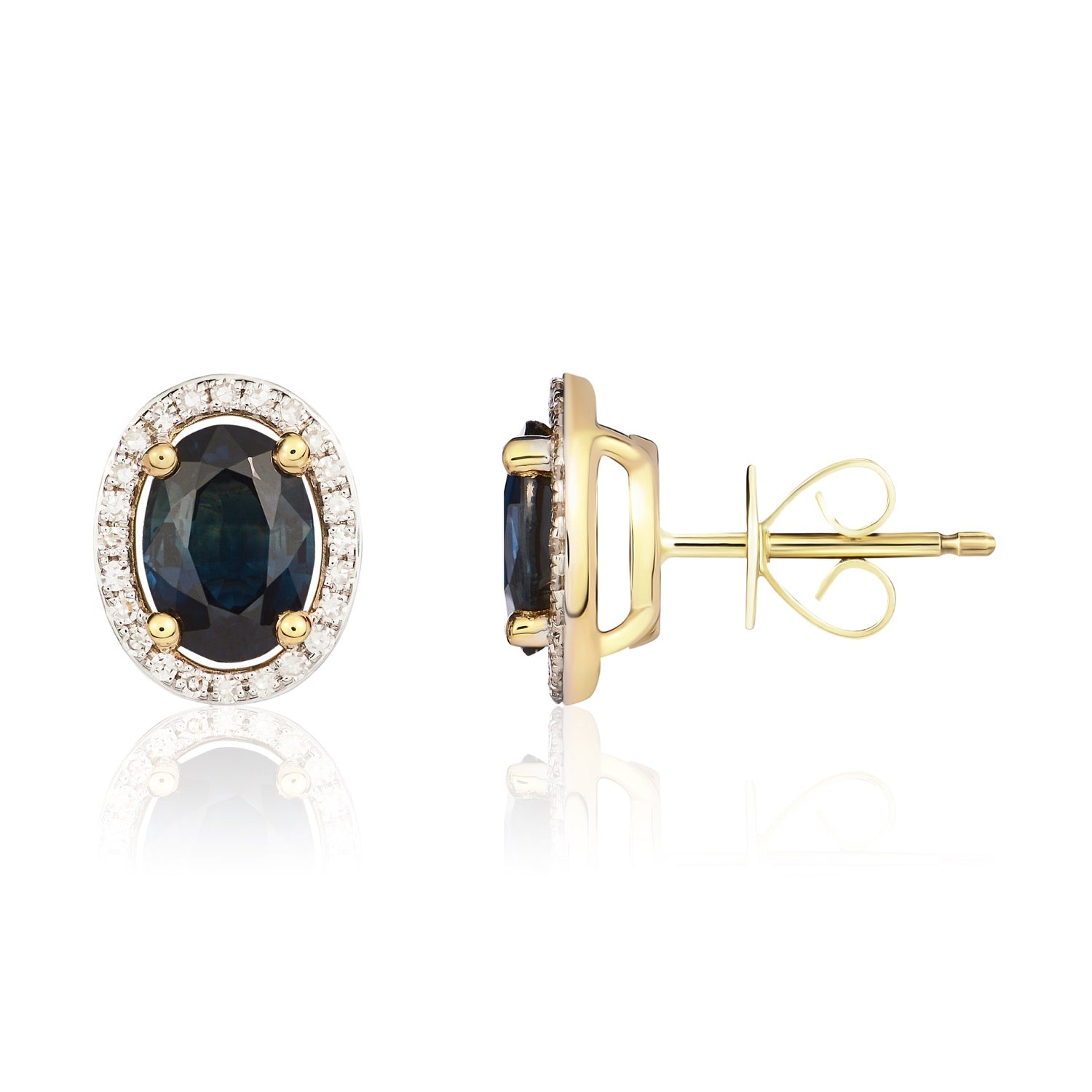 9ct Yellow Gold Oval Natural Sapphire and Diamond Halo Cluster Earrings — 7x5mm