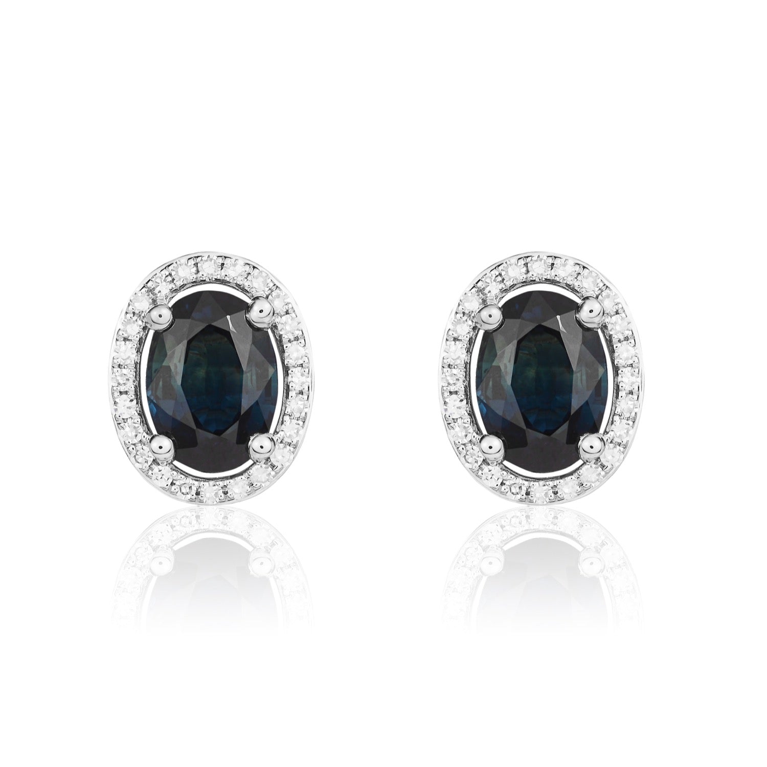 9ct White Gold Oval Natural Sapphire and Diamond Halo Cluster Earrings — 7x5mm
