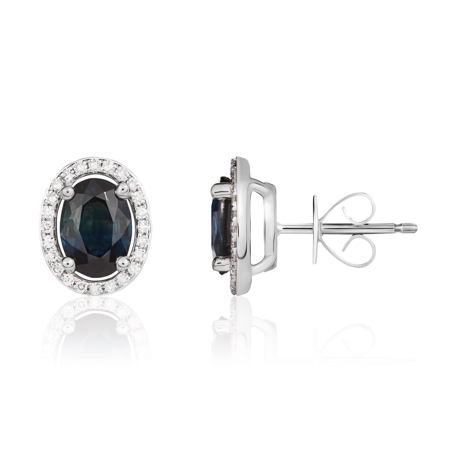 9ct White Gold Oval Natural Sapphire and Diamond Halo Cluster Earrings — 7x5mm