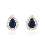 9ct Yellow Gold Pear Shaped Natural Sapphire & Diamond Halo Cluster Stud Earrings — 7x5mm