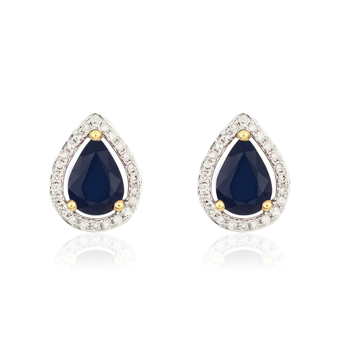 9ct Yellow Gold Pear Shaped Natural Sapphire & Diamond Halo Cluster Stud Earrings — 7x5mm