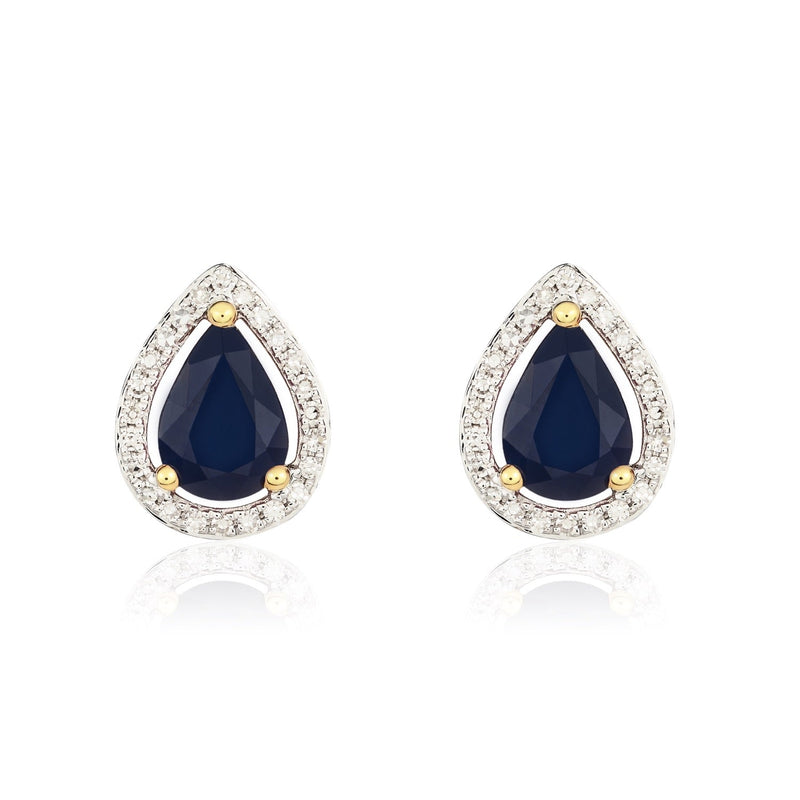 9ct Yellow Gold Pear Shaped Natural Sapphire & Diamond Halo Cluster Stud Earrings — 7x5mm