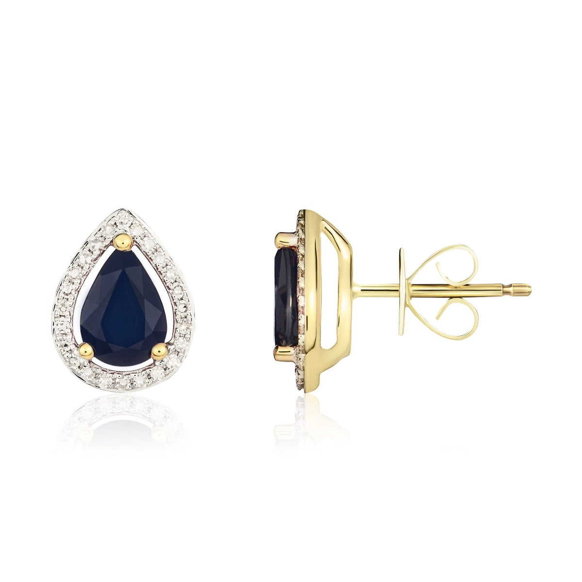 9ct Yellow Gold Pear Shaped Natural Sapphire & Diamond Halo Cluster Stud Earrings — 7x5mm