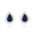 9ct White Gold Pear Shaped Natural Sapphire & Diamond Halo Cluster Stud Earrings — 7x5mm