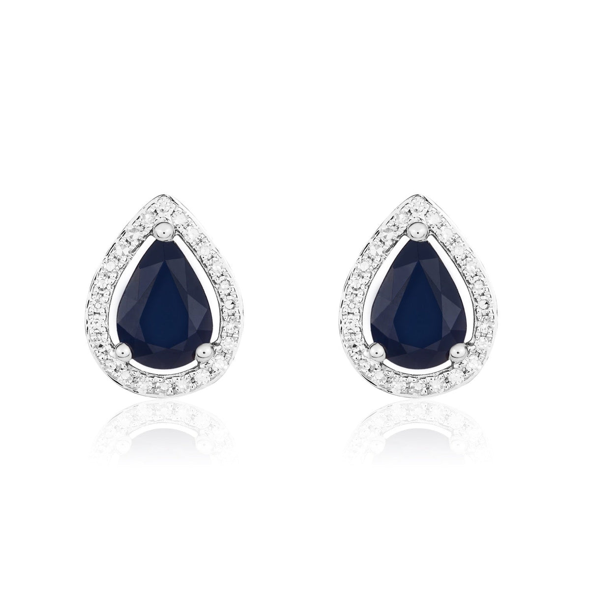 9ct White Gold Pear Shaped Natural Sapphire & Diamond Halo Cluster Stud Earrings — 7x5mm