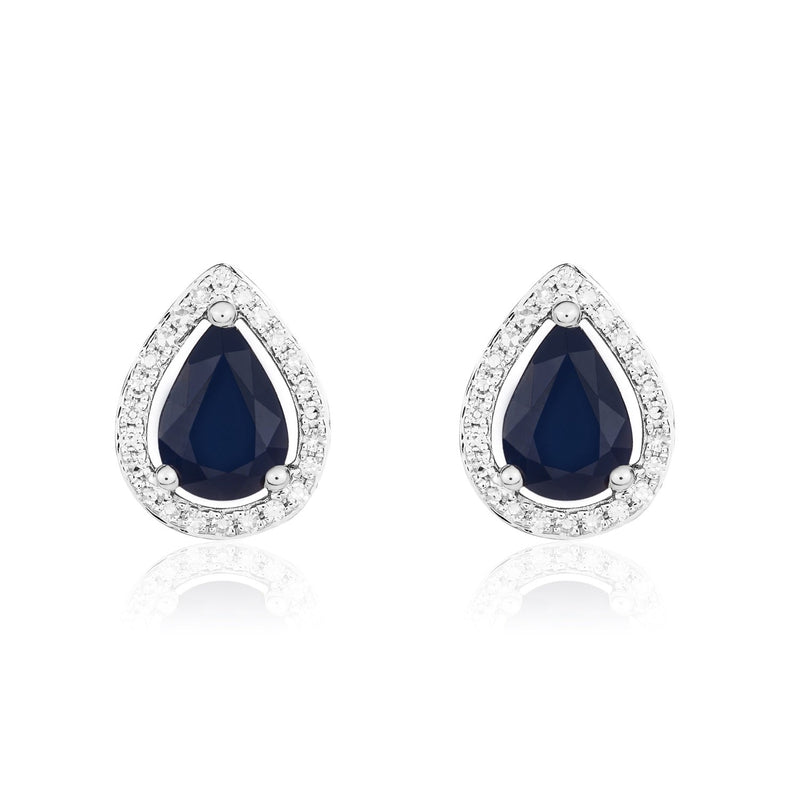 9ct White Gold Pear Shaped Natural Sapphire & Diamond Halo Cluster Stud Earrings — 7x5mm